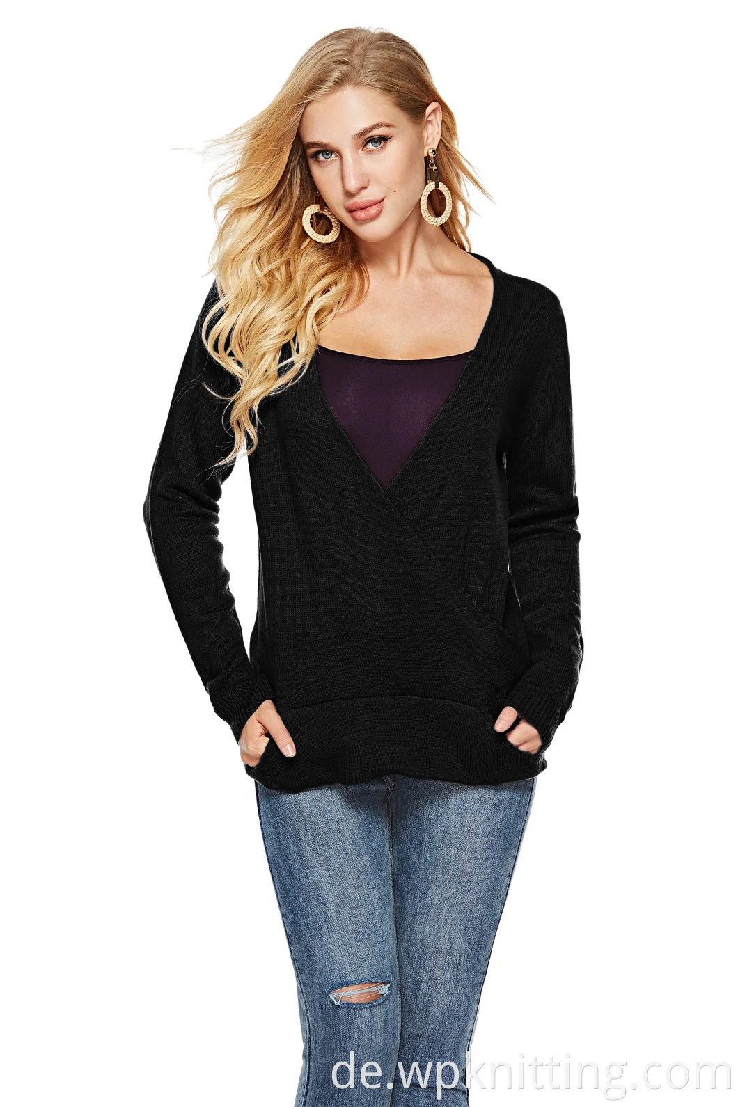 Sexy V-Ausschnitt-Pullover Plus-Größe Kleidung Frauen langärmelige Pullover-Strickwege